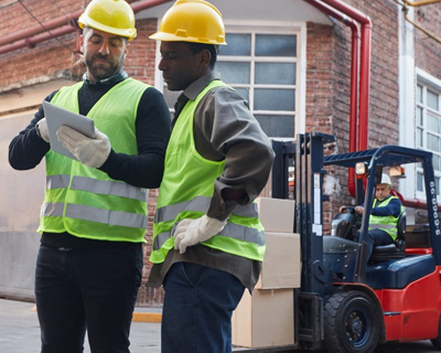 two logistics employees having a discussion